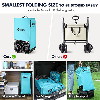VILLEY Collapsible Folding Wagon with Big Wheels, All Terrain Beach Wagon Cart Heavy Duty Foldable, Enlarged 225lbs Capacity, Portable Utility Garden Cart with 2 Cup Holders and Brake, Blue - color: Blue