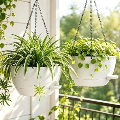 12" Self Watering Hanging Planters with Chains, White, 2 Pack - color: White, size: 2 pack 12 inches