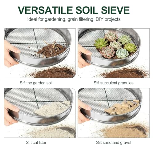 11.8 Inch Garden Soil Sifter Set Dirt Sifter with Interchangeable Screens,Multi-Functional Rock Sifter for Gardening Compost Bonsai and Sand Separation (Silver) - color: Silver
