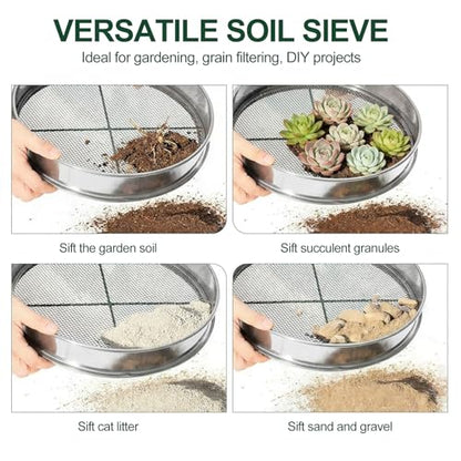 11.8 Inch Garden Soil Sifter Set Dirt Sifter with Interchangeable Screens,Multi-Functional Rock Sifter for Gardening Compost Bonsai and Sand Separation (Silver) - color: Silver