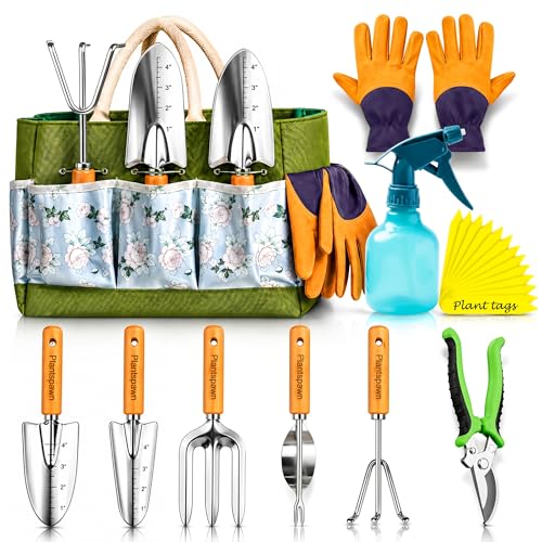 Gardening Tools Set with Organizer Handbag 9-Piece, Heavy‑Duty Rust‑Proof Garden Hand Tools, Wooden Handles,15 Plant Tags, Ideal Gardening Gift for Men & Women - style: Wooden - Pack of 9
