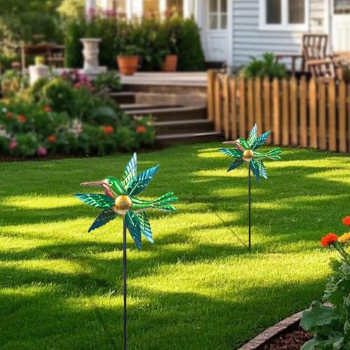 2 Pack Solar Wind Spinners, Hummingbird Metal Garden Stake Outdoor Decor - size: 2.5 ft