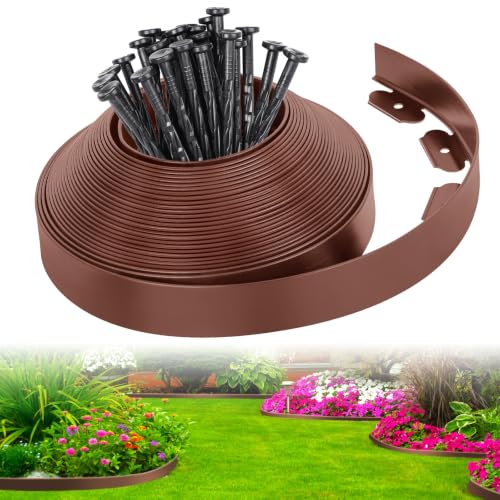 2-Inch x 33 FT Landscape Edging Border with 50 Spikes, No Dig Garden Edging Lawn Edging Border Kit, Plastic Edging Border Flexible for Garden Flower Beds Lawn Yard Pathway (Brown) - color: Brown, size: 2 In x 33 FT