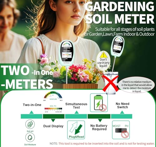 HSLGOVE Soil Test Kit, 2-in-1 Soil Moisture Meter/Soil PH Meter, Dual Screen Soil Tester, Soil Moisture Meter for Plants Watering/Gardening for Lawn,Farm Indoor&Outdoor Use-Lime Green