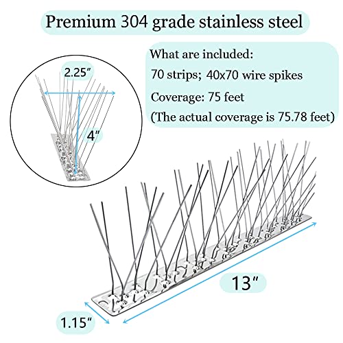 PANGCH Bird Spikes,Stainless Steel Bird Spikes Metal Bird Spikes Fence Spikes Easy to Install - 70 Strips 75.78 Feet Coverage - size: 75.78 Feet