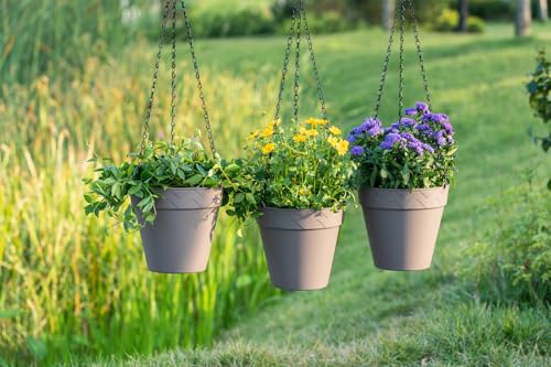 Melphoe Hanging Planter for Indoor Plants Self Watering, 8 Inch 3 Pack Plant Holder Hanging Flower Pots Outdoor Basket with Perforated Insert and Drainage Holes (Grey)