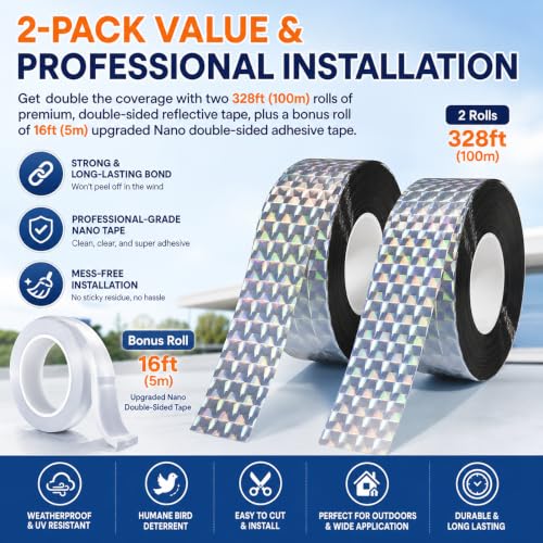 2-Pack Bird Reflective Tape (656ft Total) with Upgraded Nano Adhesive