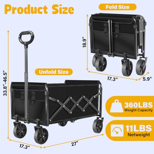 Wagon Cart Foldable, 360Lbs Collapsible Wagon Cart with Wheels Portable, Outdoor Utility Carts for Groceries, Camping, Sports, Garden, Shopping, Black - color: Black-360lbs