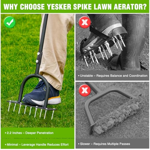 Yesker Lawn Aerator Tool, Manual Metal Soil Aerator with 9 Iron Spikes - size: 38 Inches