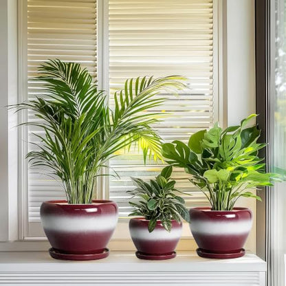 Ceramic Plant Pots, 10+8+6 Inch Ceramic Pots for Plants, Red-White - color: Red-white