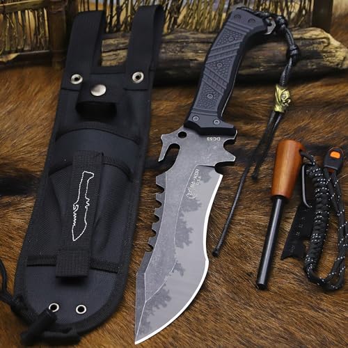 BA-KOR U.S.A 8mm thick DC53 steel 38.5CM (15.4in) (full tang) fixed knife+Nylon sheath&(5.9in) cerium igniter, suitable for outdoor hunting, camping, Jungle Survival, exploration, EDC tool knife