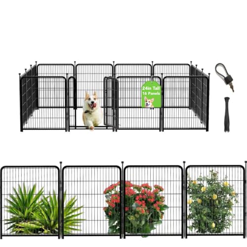 Getlay Dog Playpen 24 inch(H) 16 Panels Dog Fence Outdoor for Yard. Metal Dog Pen Heavy Duty Pet Puppy Exercise Pen for Rv Camping Garden Yard, Wide Door Low Threshold Dog Fence Total 31.4 Ft(L)