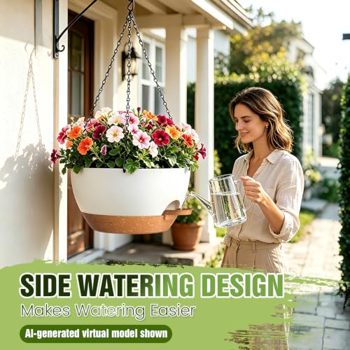 13 Inch Large Self Watering Hanging Planters 2 Pack with Saucers - color: White Brown, size: 13 Inch 2 Pack