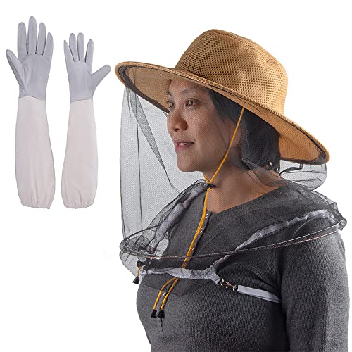 Bee Hat with Net,Beekeeper Veil Gloves,Bee Keeper Costume Mesh Cap - color: Khaki Hat + XL Gloves