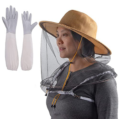 Bee Hat with Net,Beekeeper Veil Gloves,Bee Keeper Costume Mesh Cap - color: Khaki Hat + XL Gloves