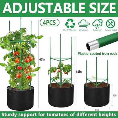 4 Packs 47 x 12 Inch Garden Tomato Cages with Grow Bags- Triangle Plant Support Trellis Assembled with Planter Bags- Garden Cucumber Vegetables Frames for Vertical Climbing Plants - style: Triangle-4 Set