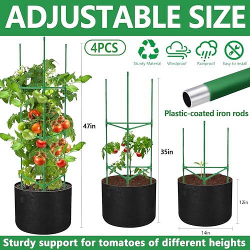 4 Packs 47 x 12 Inch Garden Tomato Cages with Grow Bags- Triangle Plant Support Trellis Assembled with Planter Bags- Garden Cucumber Vegetables Frames for Vertical Climbing Plants - style: Triangle-4 Set
