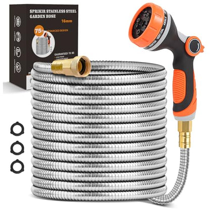 Metal Garden Hose 75ft, Stainless Steel Water Hose 75ft with 10 Function Sprayer Nozzle, Leaf-Proof Kink Free Heavy Duty Lightweight for Outdoor,Yard,Lawn,Patio, Car - size: 75ft