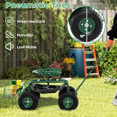 Garden Seat with Wheels, Rolling Stool with Extendable Handle, Storage Basket & Tool Tray, Garden Scooter with 360 Degree Swivel Seat for Outdoor & Yard (Green) - color: Green