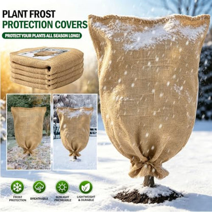 Burlap Fabric Plant Bag 40" x 47", Reusable Winter Plant Covers for Freeze Protection, Breathable Frost Resistant Burlap Grow Bag with Drawstring, Heavy Duty Cold Weather Plant Protection - size: 1PC-40" x 47"