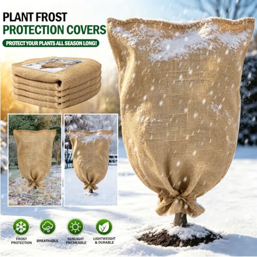 Burlap Fabric Plant Bag 40" x 47", Reusable Winter Plant Covers for Freeze Protection, Breathable Frost Resistant Burlap Grow Bag with Drawstring, Heavy Duty Cold Weather Plant Protection - size: 1PC-40" x 47"