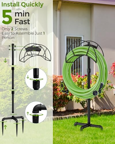 LAND·VOI Freestanding Garden Water Hose Storage Holder Stand for Outside, 160-Ft Hose Heavy Duty Metal Hanger Reel Organizer Outdoor Yard Lawn, Standing Keeper Rack with Ground Stake, Black GHH01B - size: 3 Spikes