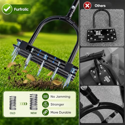 Lawn Aerator - 2-in-1 Manual Aerator with Automatic Dirt and Leaf Clean, Heavy-Duty Reinforced 15 Spikes & Ergonomic T-Handle for Lawn Maintenance, Garden Care, Yard Work (Black)