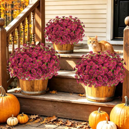 12 PCS Artificial Mums for Outdoors, UV Resistant Fake Fall Flowers - color: Burgundy