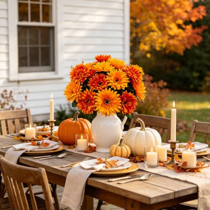 2 Bundles 16 Heads Large Artificial Mums Fake Fall Flowers for Outdoors - color: Orange Yellow