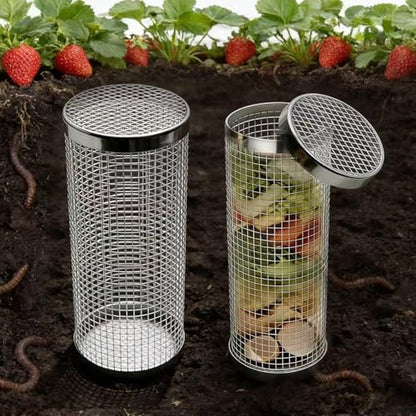 2pack Inground Worm Composting Bin Stainless Steel Worm Farm Composter with Holes and Lid for Recycling Kitchen Food Waste to Raised Garden Beds
