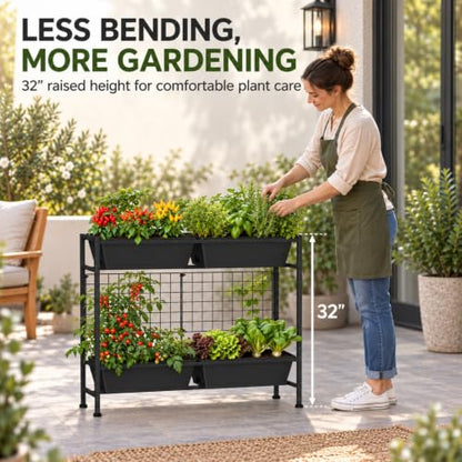 OYEAL Raised Garden Bed 32" Tall Elevated Planter Boxes with Trellis & Legs, Vertical Herb Garden Planter Outdoor for Gardening, Vegetables, Flowers, Herbs, Backyard, Black - color: Black