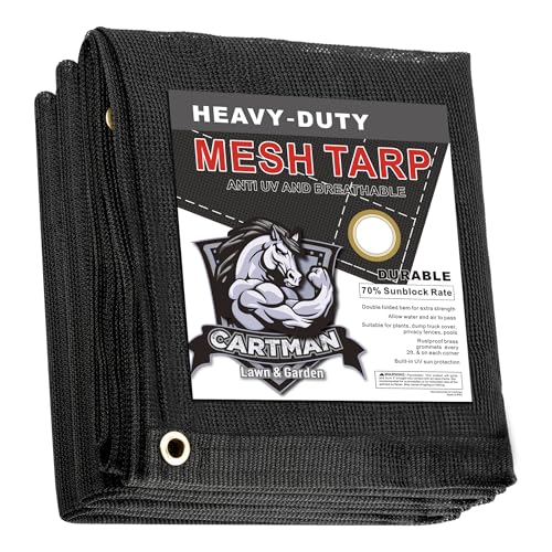 CARTMAN Finished Size 12x12 Feet Heavy Duty Mesh Tarp with Grommets, 70% Black Shade Cloth, Multipurpose Protective Cover with Air Flow for Plant, Greenhouse, Patio, Chicken Coop, Barn Kennel - size: 12'x12'