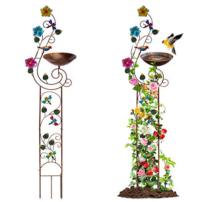 YYWMWM Metal Bird Bath with Trellis for Outside, 57” Height Birdbaths & Supports, Small Garden Decorative Trellises for Climbing Flowers Outdoor (Dragonfly) - style: Dragonfly