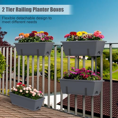 Deck Railing Planter Boxes 2 Tier Grey Window Boxes Planters Set of 2 - color: Gray
