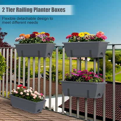 Deck Railing Planter Boxes 2 Tier Grey Window Boxes Planters Set of 2 - color: Gray