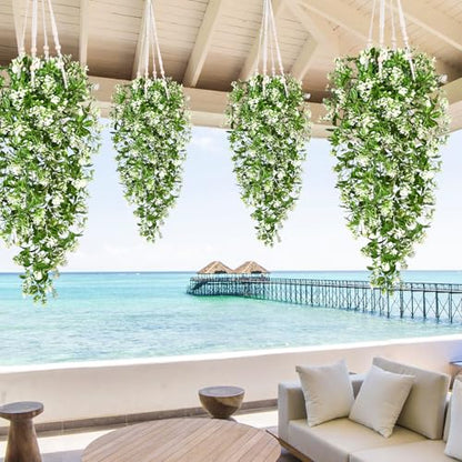 Waipfaru 4pcs Fake Hanging Plants, Faux Ivy Fake Vines Greenery - color: White Flowers, size: 4Pcs Plants