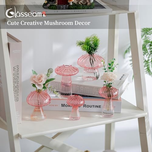 Glasseam Mushroom Plant Propagation Stations: Pink Glass Terrarium Jar Set of 5 Cute Planters for Indoor Plants Decorative Propagate Vase Unique Gifts for Women Home Office Decor - color: Pink, size: 5