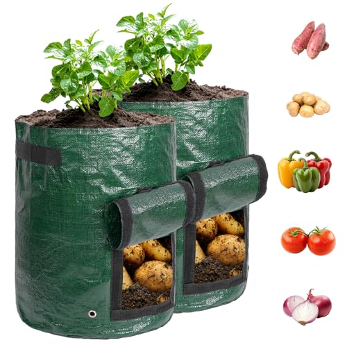 10 Gallon 2 Pack Potato Grow Bags, Durable PE Fabric Pots with Flap and Handles, Green Planter Bags for Potato Vegetables Flowers Herbs Garden Outdoor