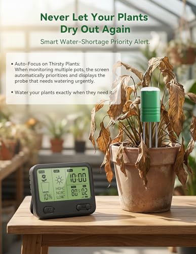 Nexuslab Wireless Soil Moisture Meter with LCD Receiver – 3‑Probe 3‑in‑1 Sensor (Moisture, Temperature, Light), 230 ft RF Range, Waterproof, Long Battery Life for Indoor/Outdoor Plants and Gardens - size: Main Unit + 4 Sensors