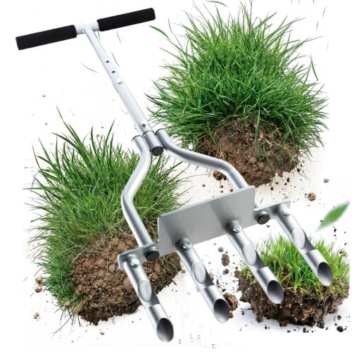 Manual Lawn Aerator with 4 Hollow Tines, Core Plug Design, Sturdy Footrest, Pre-Assembled – Heavy Duty Tool for Loosening Compacted Soil, Yard Aeration & a Thriving Lawn