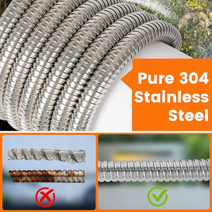 Metal Garden Hose 100FT Heavy Duty Lightweight 304 with Brass Nozzle,Durable Fittings,No Kink & Tangle,Puncture Resistant,Easy to Use & Store for RV,Outdoor, Yard,Ligh (100ft) - size: 100ft