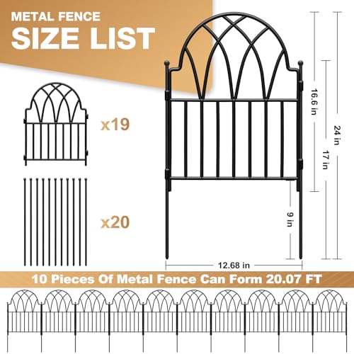 19 Pack Decorative Garden Fence Panels - 20.07 Ft Black Arched Metal Landscape Border Edging with Floral Design,No-Dig Rustproof Wire Fencing for Flower Beds, Patios, Dog, Yard, Outdoor - color: Black, size: Black | Size: 19 Panels-20.07ft(L) x 17in(H)