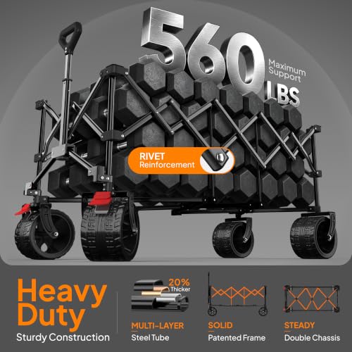 Originsure 300L Beach Wagons Carts Foldable with Big Wheels, 560lbs, Black - color: Black