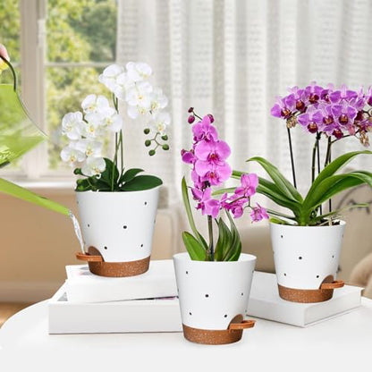 6 Inch Orchid Pot, 2 Pack Self Watering Plant Pots, Orchid Pots with Holes - color: White+brown