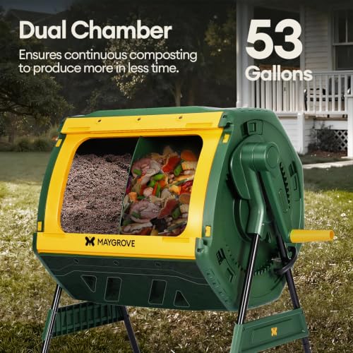 MAYGROVE Outdoor Compost Bin 53 Gallon Dual Chamber Composting Tumbler - color: Green, size: 53 Gallon