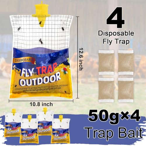 4 Big Fly Bags Outdoor Traps Hanging for Patio - Pre-Baited, Disposable - size: 4 pack