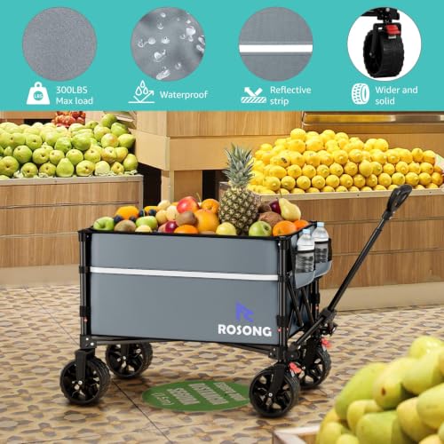 ROSONG Collapsible Wagon Cart with Wheels, Grey with Cover, 120L - color: Grey With Cover, size: 120L