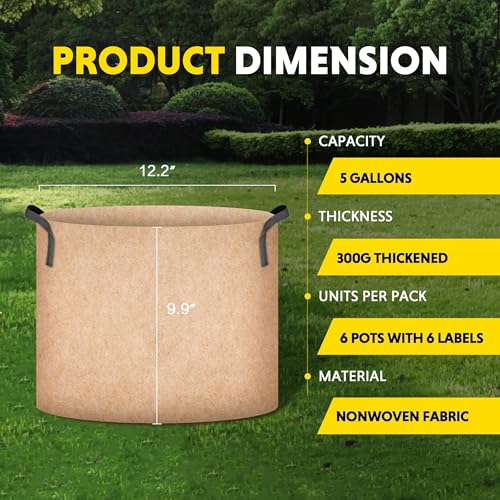 iPower Plant Grow Bag 5 Gallon 6-Pack Heavy Duty Fabric Pots, 300g Thick Nonwoven Fabric Containers Aeration with Nylon Handles, for Planting Vegetables, Fruits, Flowers, Tan 2024 Version - color: Tan, size: 5 Gallon