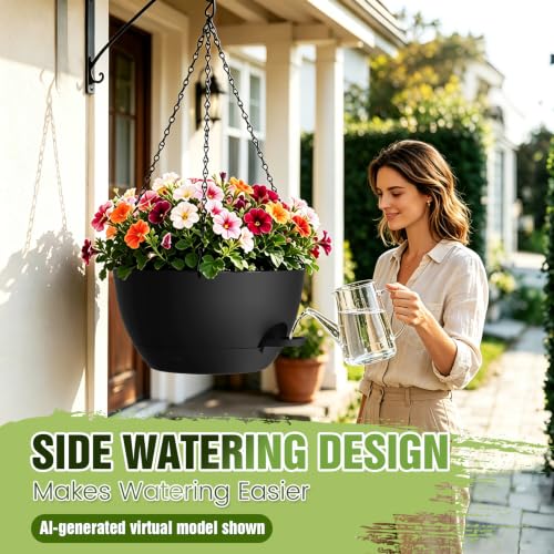 13 Inch Large Self Watering Hanging Planters 2 Pack with Saucers - color: Black, size: 13 Inch 2 Pack