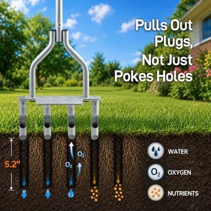 Manual Lawn Aerator with 4 Hollow Tines, Core Plug Design, Sturdy Footrest, Pre-Assembled – Heavy Duty Tool for Loosening Compacted Soil, Yard Aeration & a Thriving Lawn